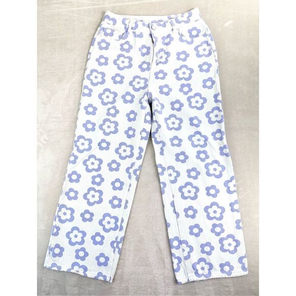 SHEIN Jeans Women’s L (10) White Purple High Rise Loose Baggy Floral Pants Retro - Picture 1 of 11